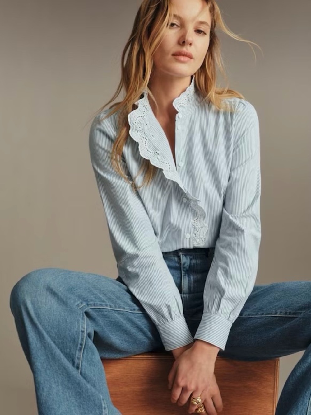 Sezane Chlo Shirt Embroidered Ruffle Collar Blouse Blue & Cream Stripe Sz XS / 2